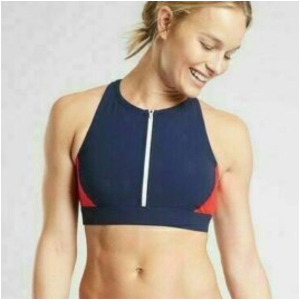 Athleta Navy Blue High Neck Zip Bikini Top Sports Bra size large - Picture 1 of 7